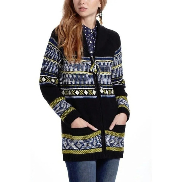 Anthropologie Sparrow Batley Fairisle  Black Multi Cardigan Sweater Coat Medium - Picture 2 of 8